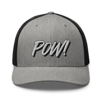 POW! bitcoin trucker cap in Heather/ Black, front view.