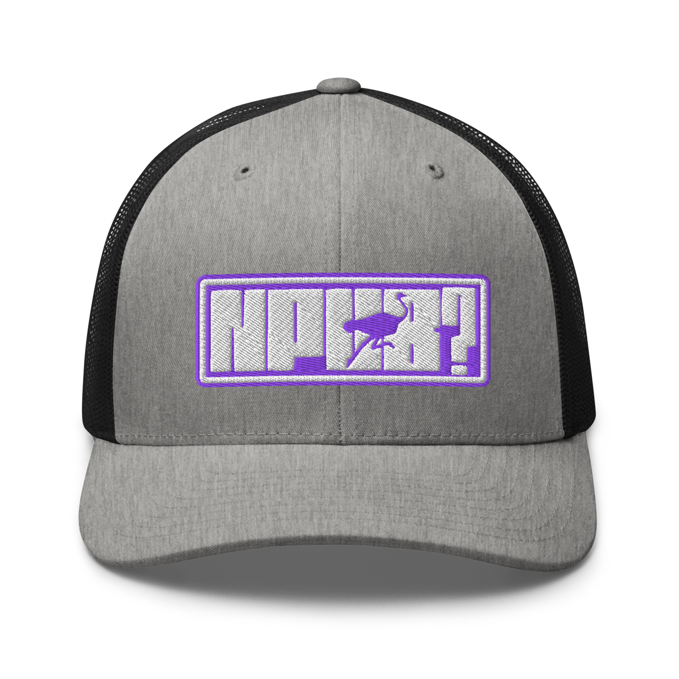 nPub? nostr trucker cap in Heather/ Black, front view.