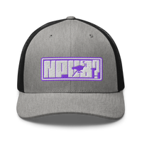 nPub? nostr trucker cap in Heather/ Black, front view.