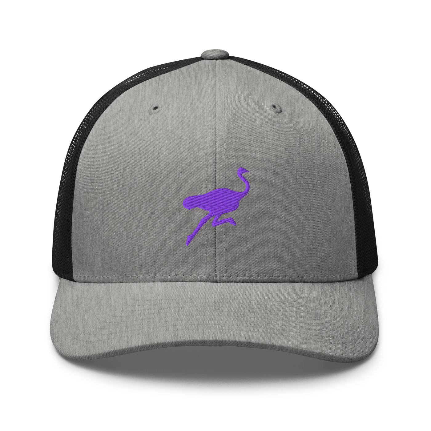 Nostrich nostr trucker cap in Heather/ Black, front view.