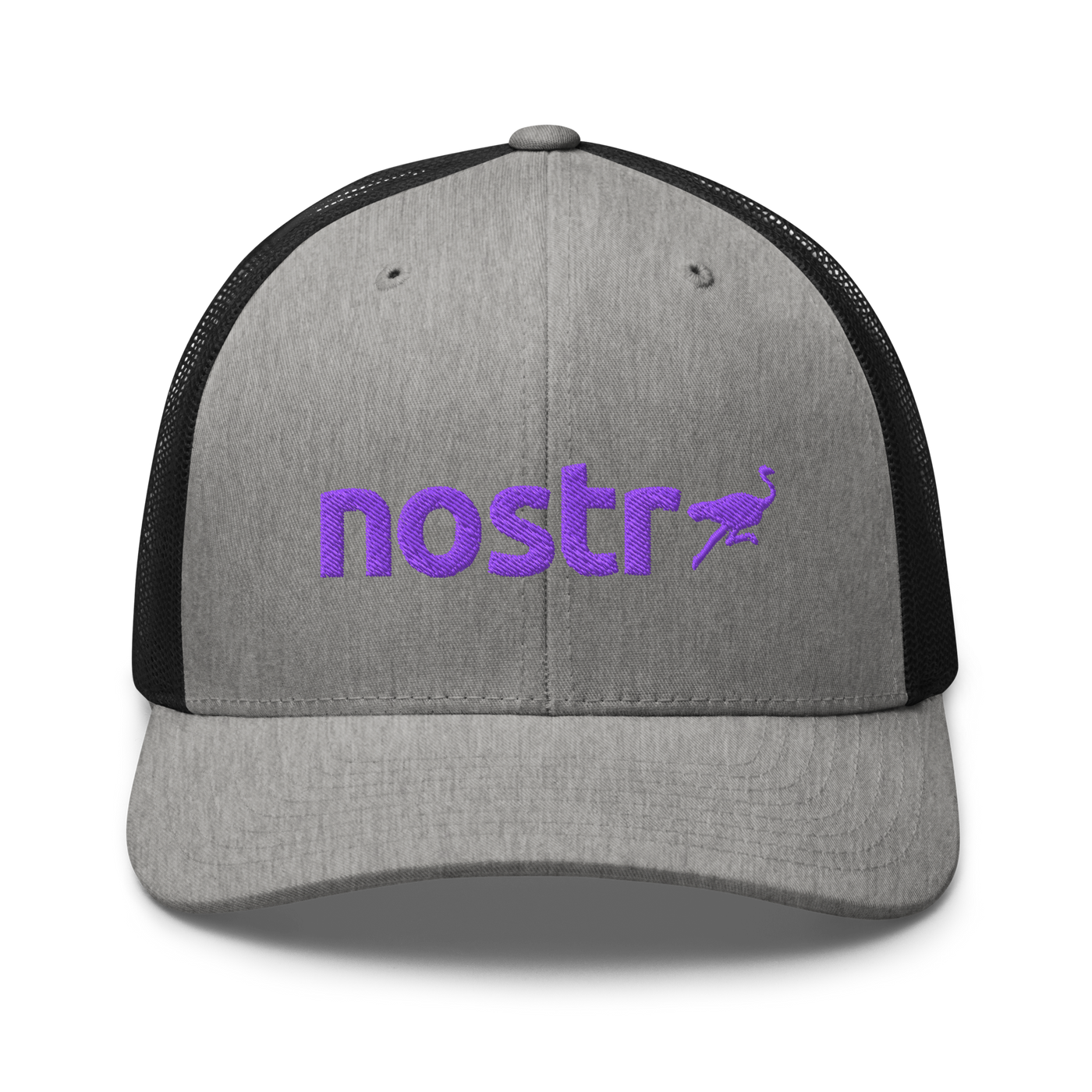 Nostr nostr trucker cap in Heather/ Black, front view.