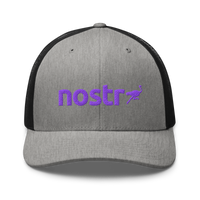 Nostr nostr trucker cap in Heather/ Black, front view.