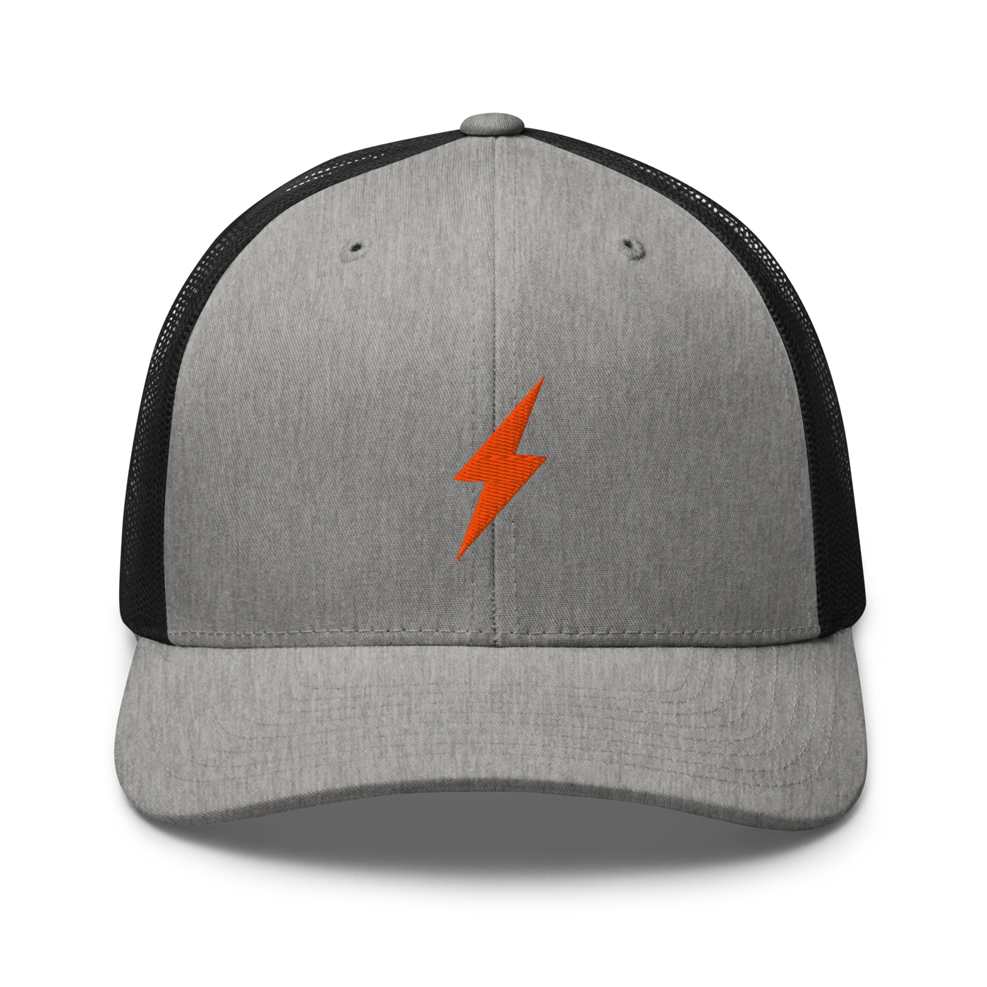 Lightning bitcoin trucker cap in Heather/ Black, front view.