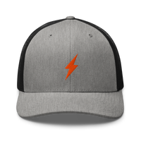 Lightning bitcoin trucker cap in Heather/ Black, front view.