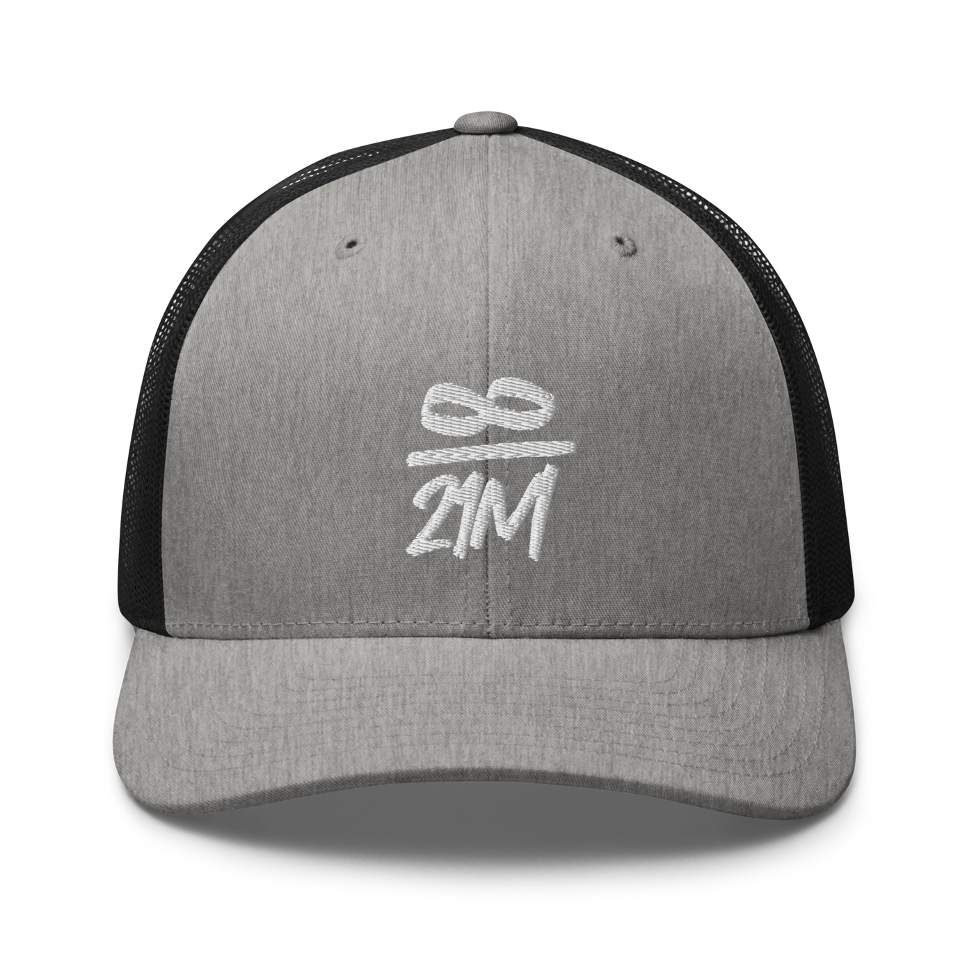 Infinity / 21M bitcoin trucker cap in Heather/ Black, front view.