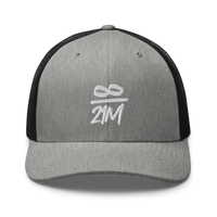 Infinity / 21M bitcoin trucker cap in Heather/ Black, front view.