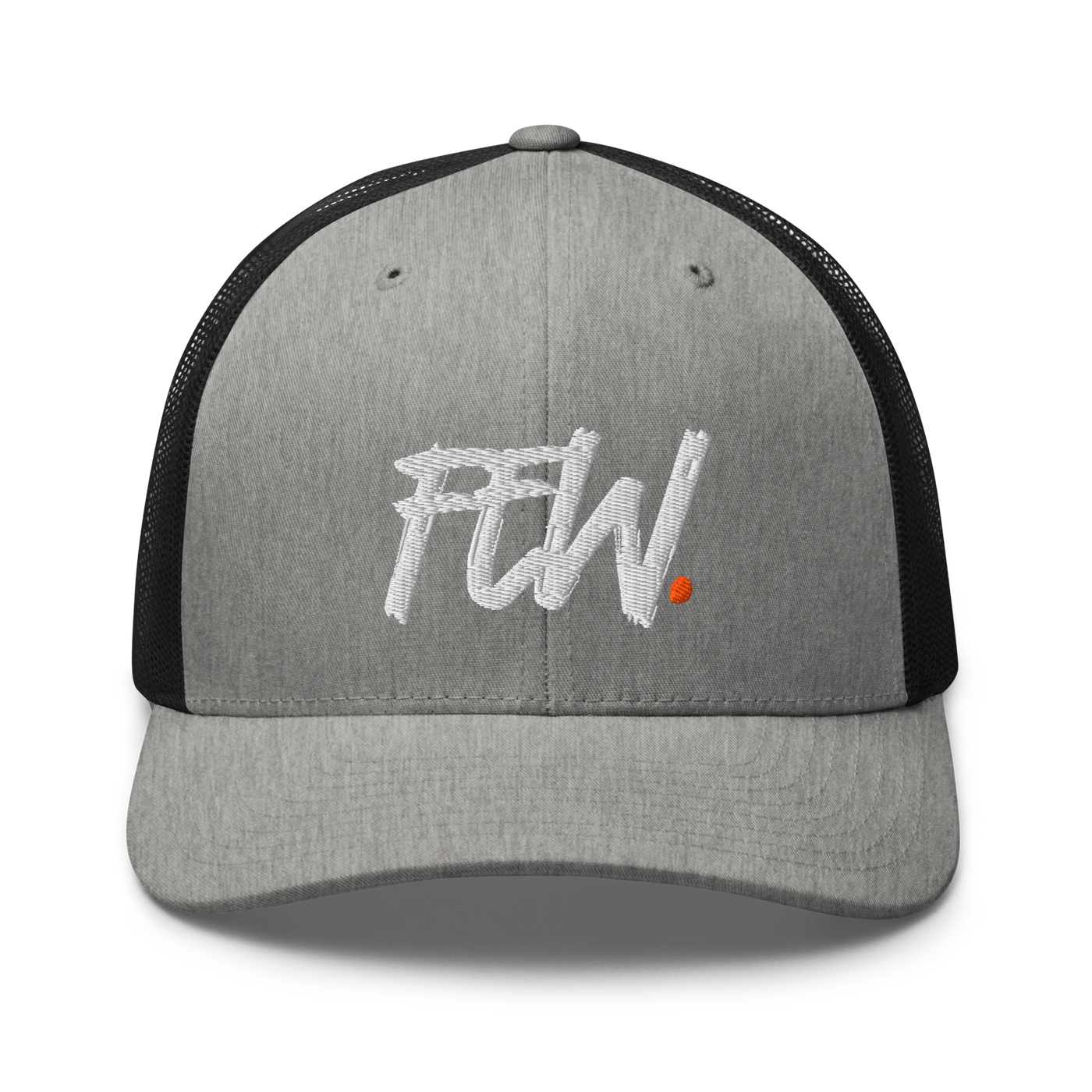 Few. bitcoin trucker cap in Heather/ Black, front view.