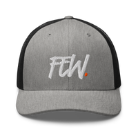 Few. bitcoin trucker cap in Heather/ Black, front view.
