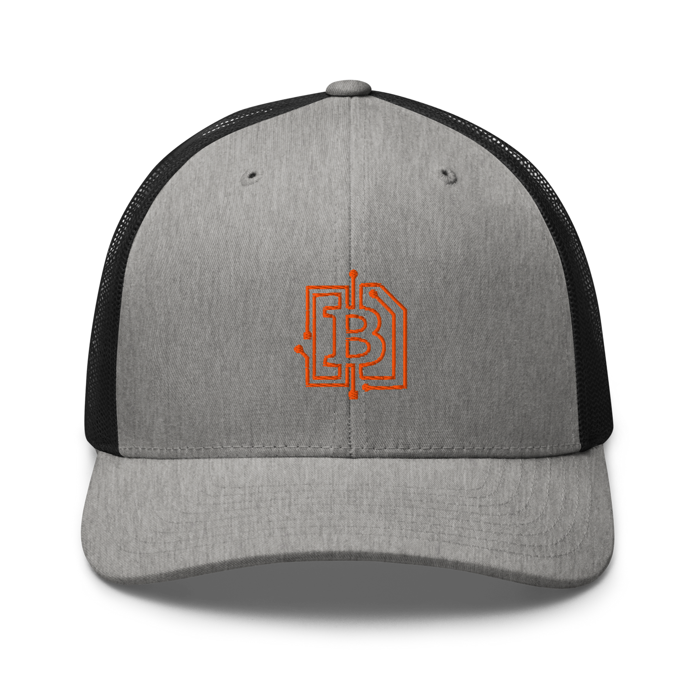 Circuit Board bitcoin trucker cap in Heather/ Black, front view.