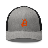 Bitcoin B bitcoin trucker cap in Heather/ Black, front view.