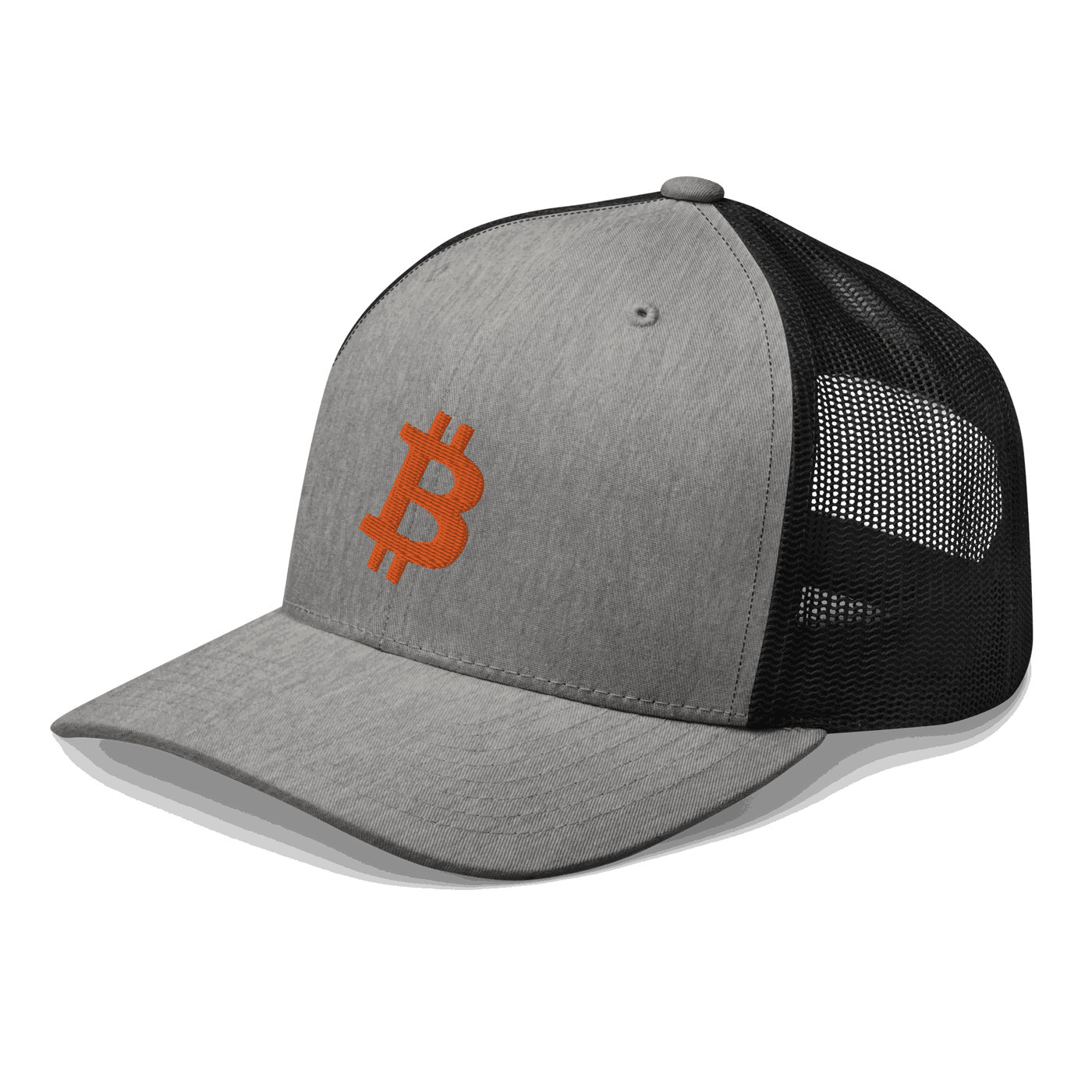 Side view of a heather grey and black bitcoin trucker cap.