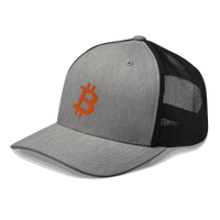 Side view of a heather grey and black bitcoin trucker cap.