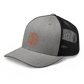 Side view of a heather grey and black bitcoin trucker cap.