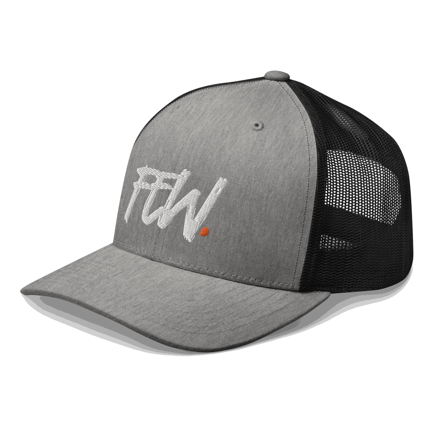 Side view of a heather grey and black bitcoin trucker cap.
