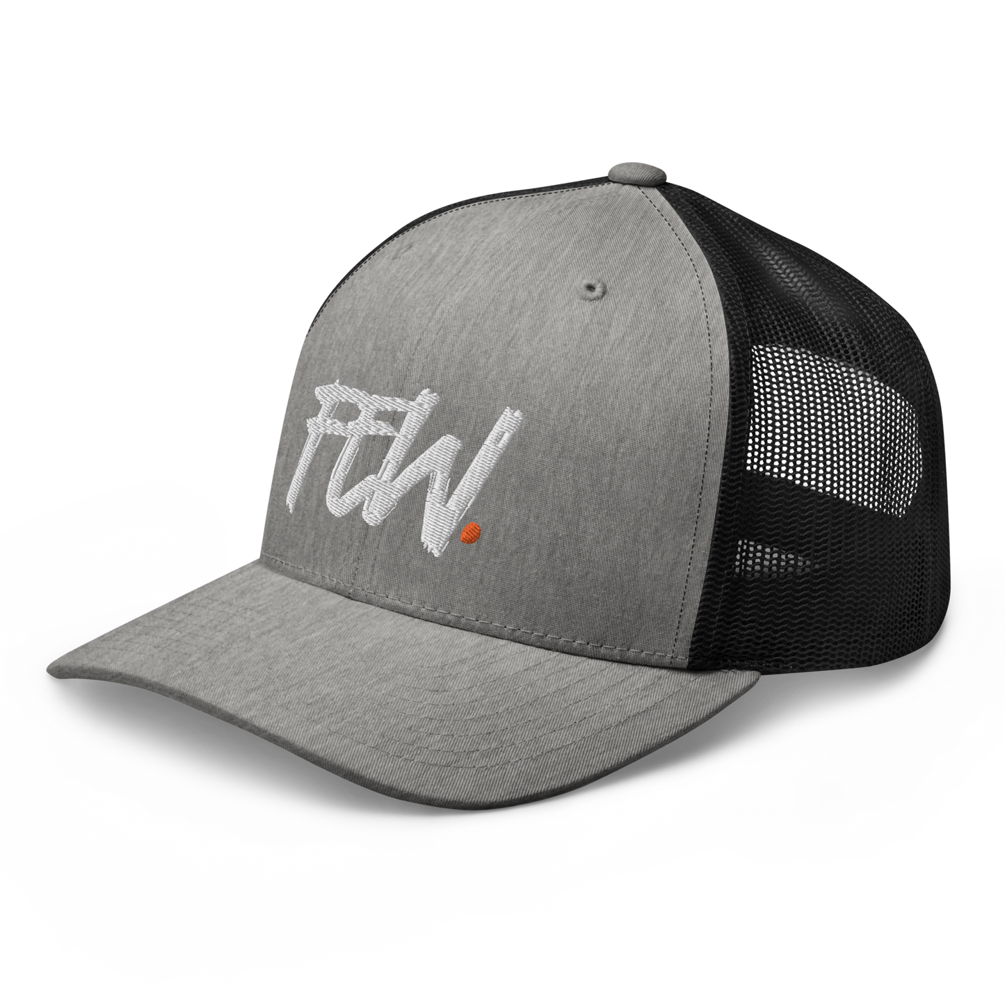 Side view of a heather grey and black bitcoin trucker cap.