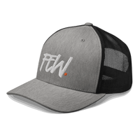 Side view of a heather grey and black bitcoin trucker cap.
