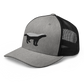 Side view of a heather grey and black bitcoin trucker cap.