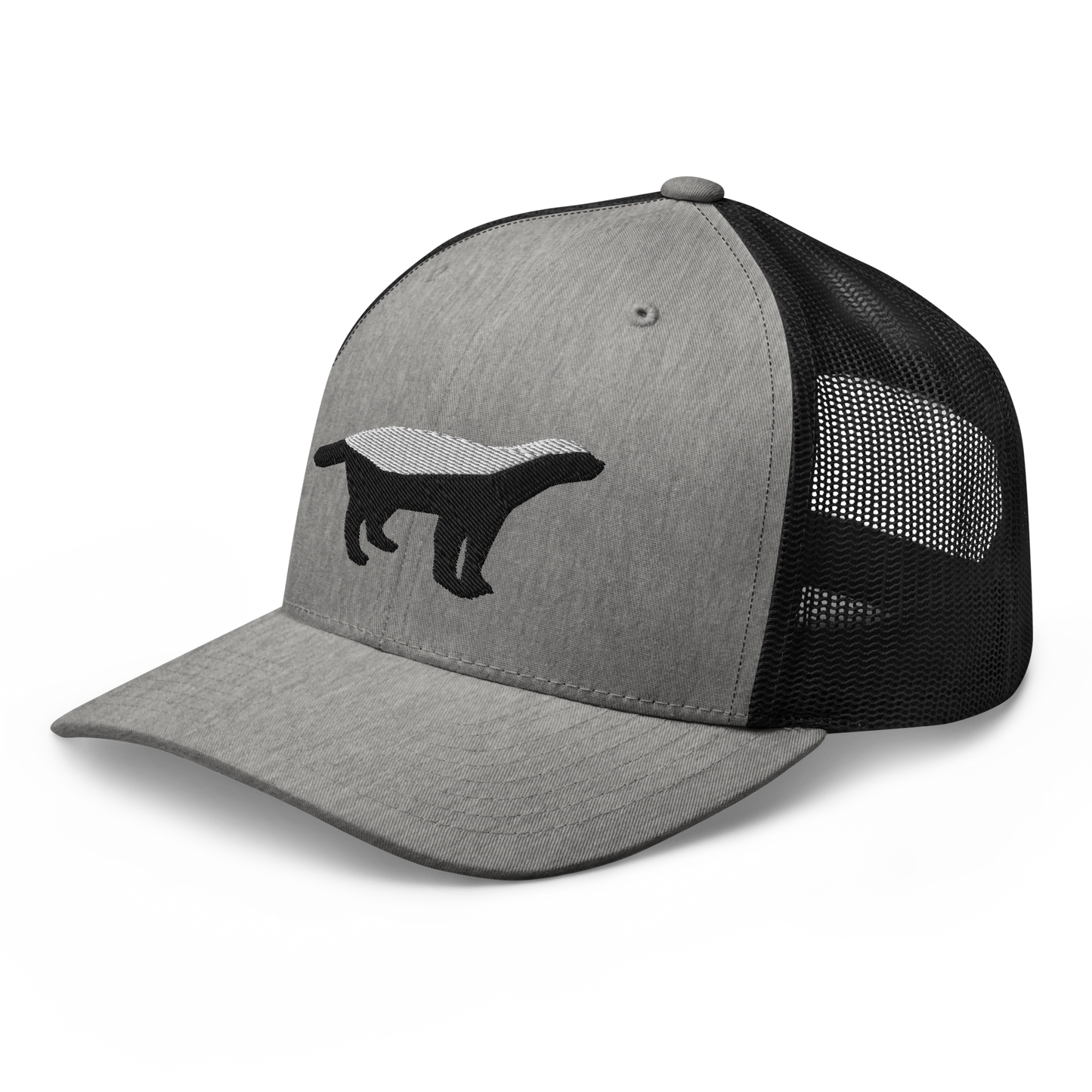 Side view of a heather grey and black bitcoin trucker cap.