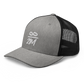 Side view of a heather grey and black bitcoin trucker cap.