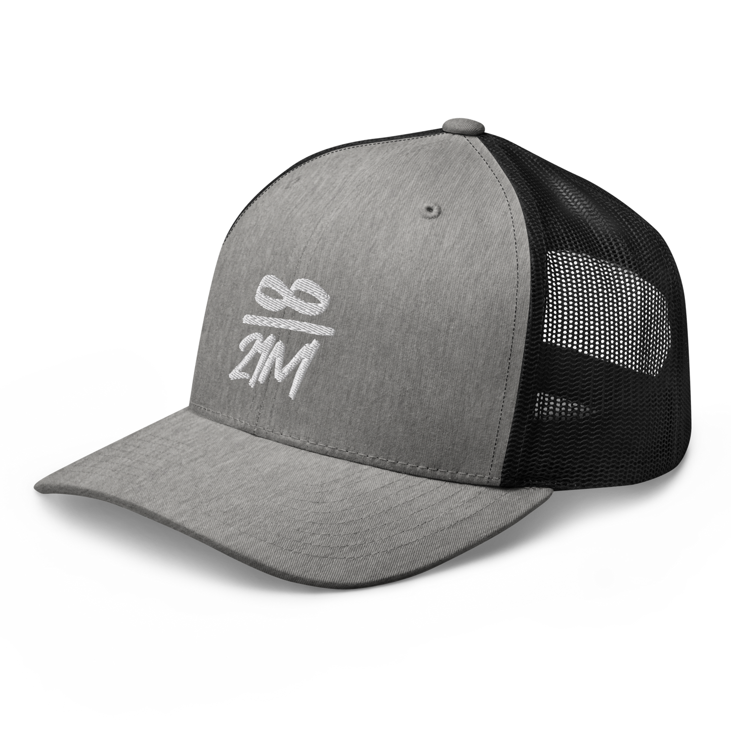 Side view of a heather grey and black bitcoin trucker cap.