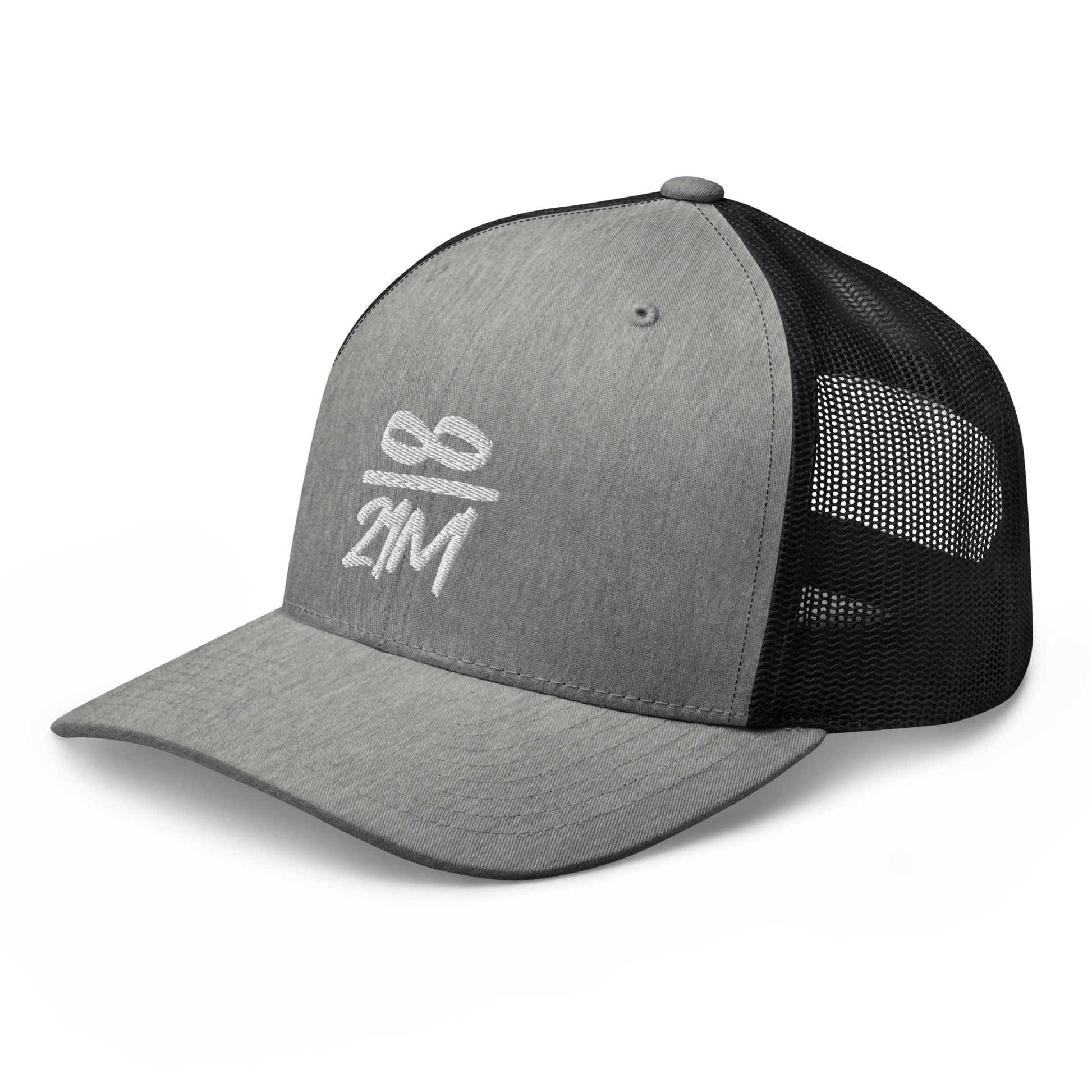 Side view of a heather grey and black bitcoin trucker cap.