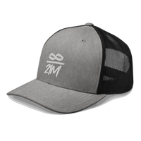 Side view of a heather grey and black bitcoin trucker cap.
