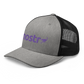 Side view of a heather grey and black bitcoin trucker cap.