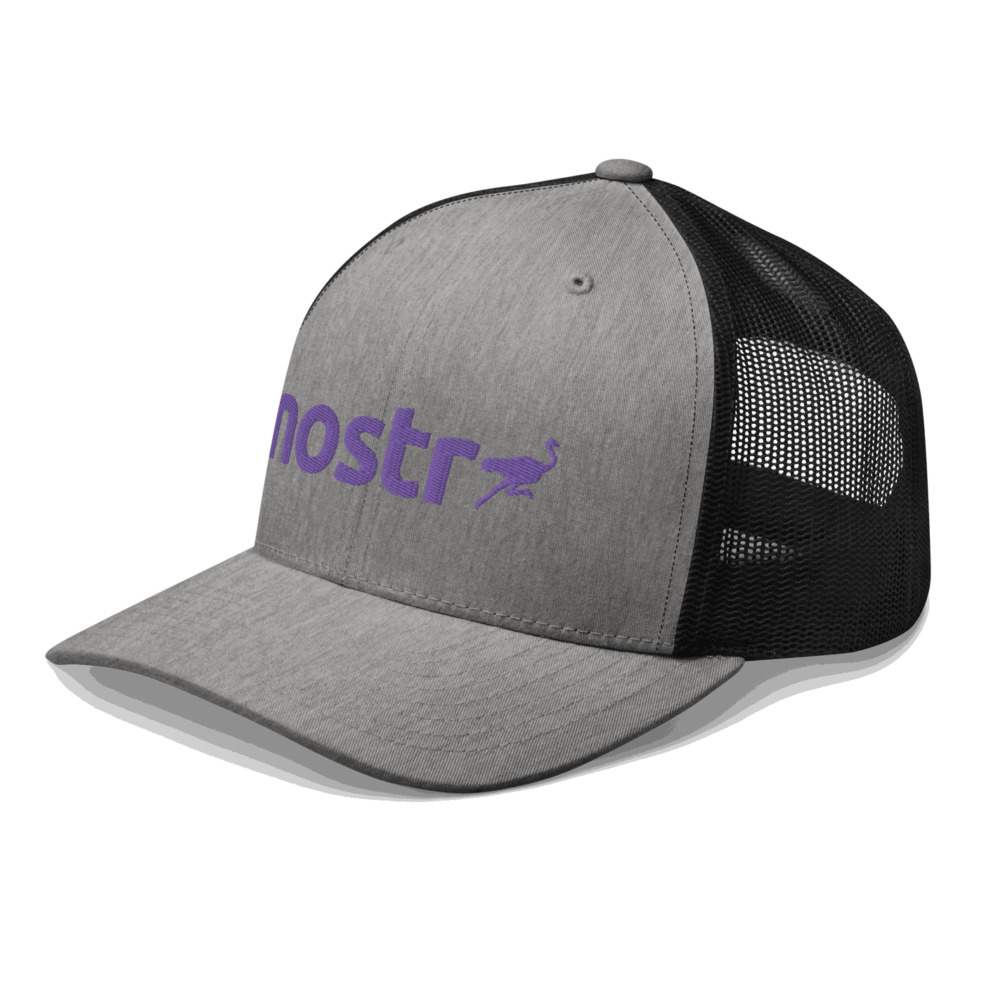 Side view of a heather grey and black bitcoin trucker cap.