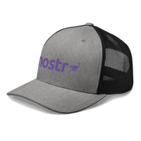 Side view of a heather grey and black bitcoin trucker cap.