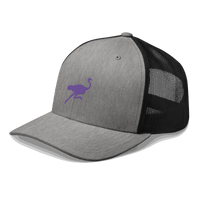 Side view of a heather grey and black bitcoin trucker cap.