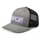 Side view of a heather grey and black bitcoin trucker cap.