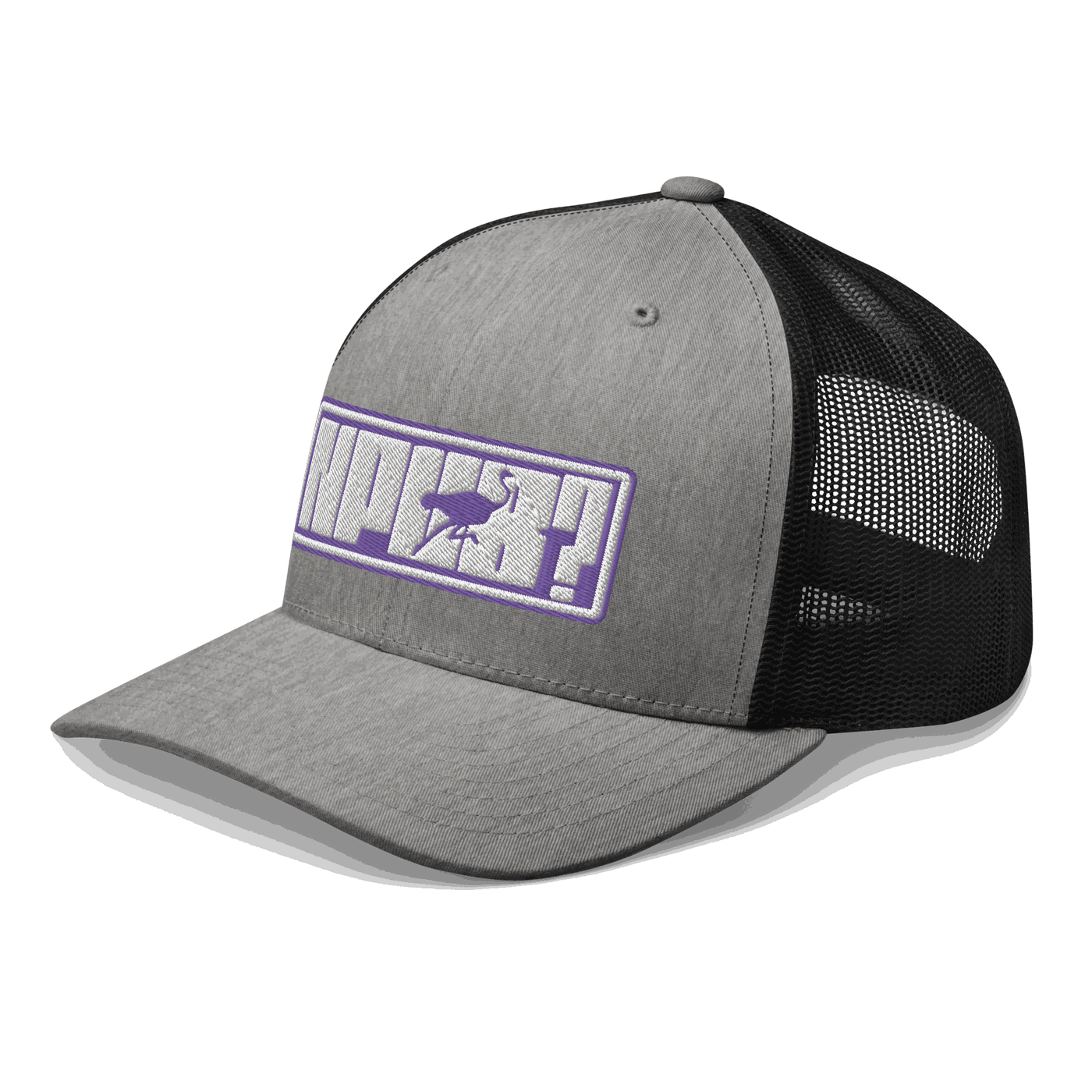Side view of a heather grey and black bitcoin trucker cap.
