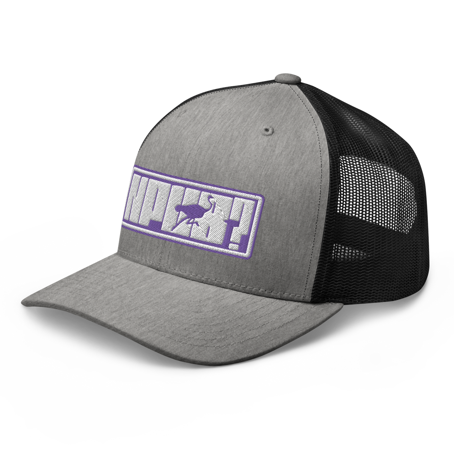 Side view of a heather grey and black bitcoin trucker cap.