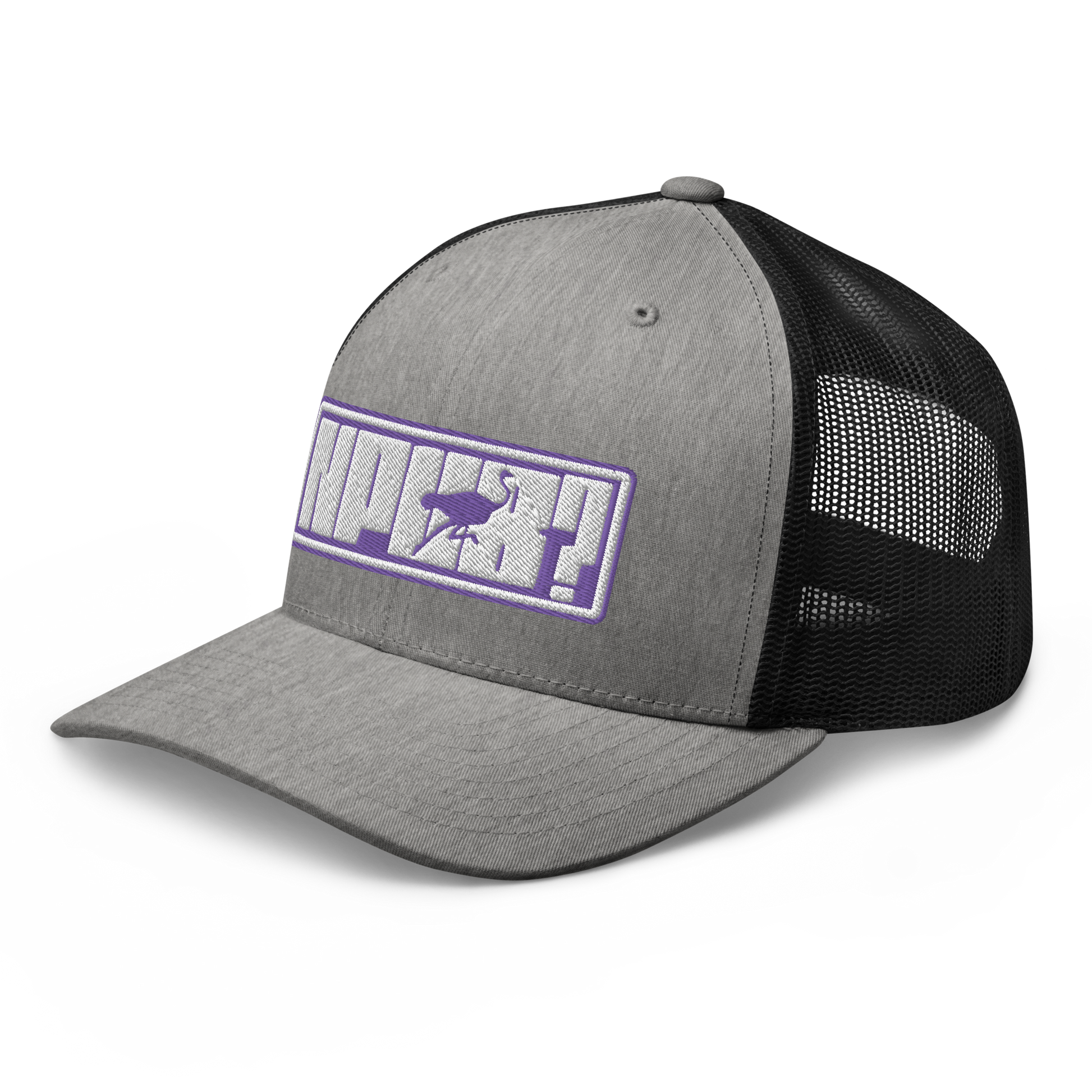 Side view of a heather grey and black bitcoin trucker cap.