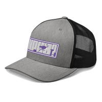 Side view of a heather grey and black bitcoin trucker cap.