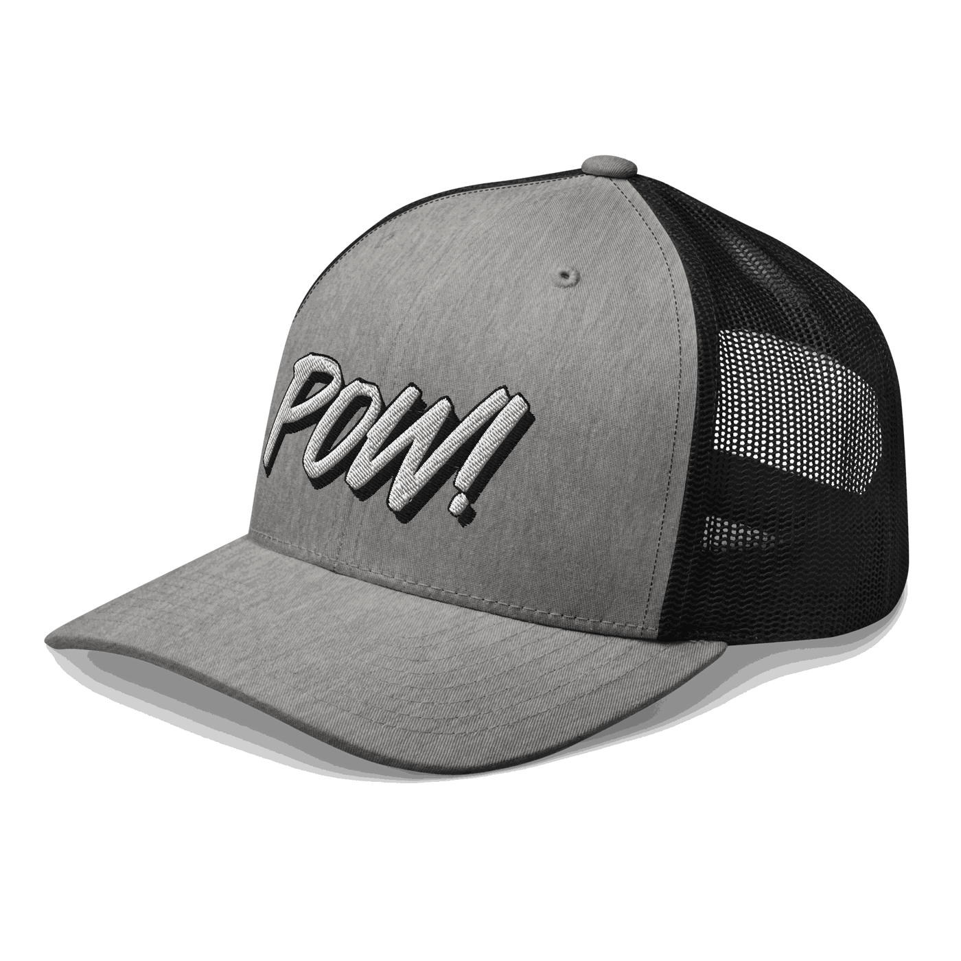 Side view of a heather grey and black bitcoin trucker cap.