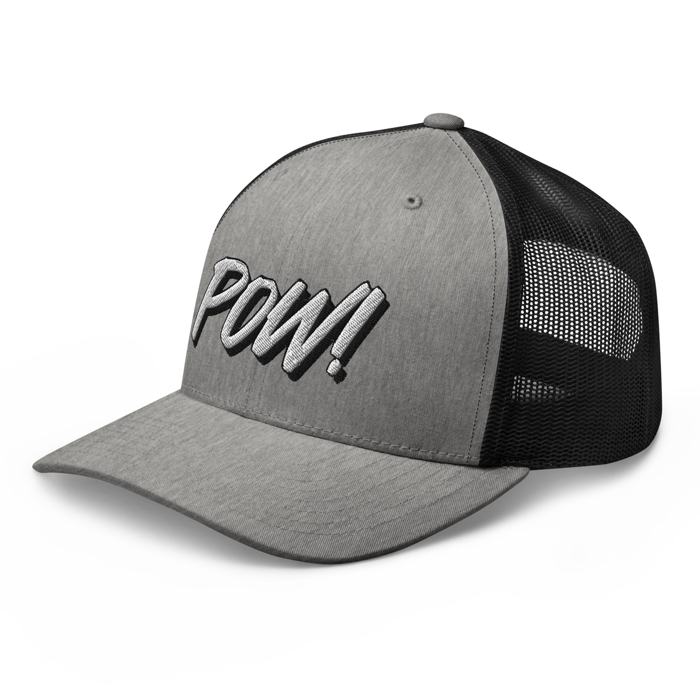 Side view of a heather grey and black bitcoin trucker cap.