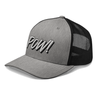 Side view of a heather grey and black bitcoin trucker cap.