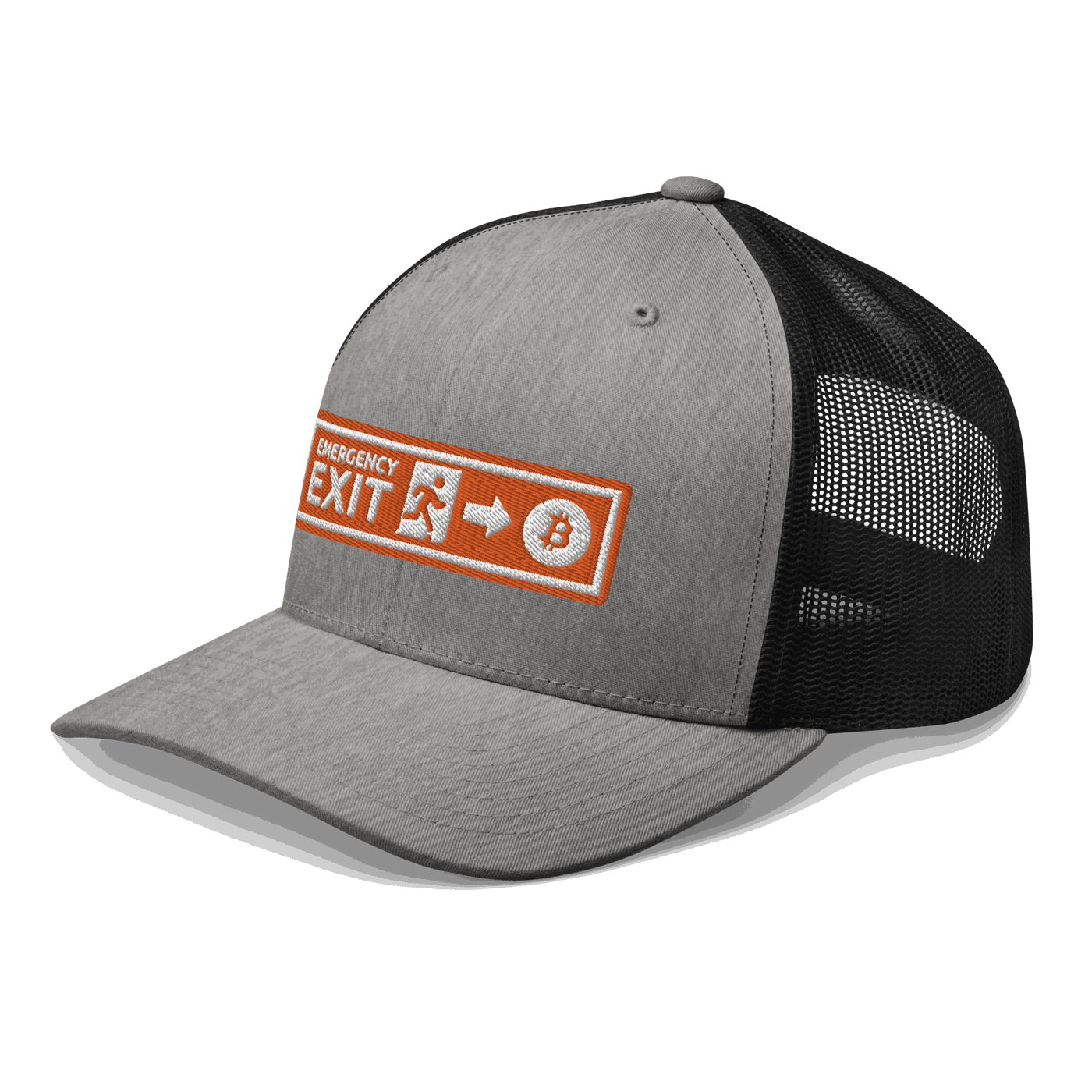 Side view of a heather grey and black bitcoin trucker cap.