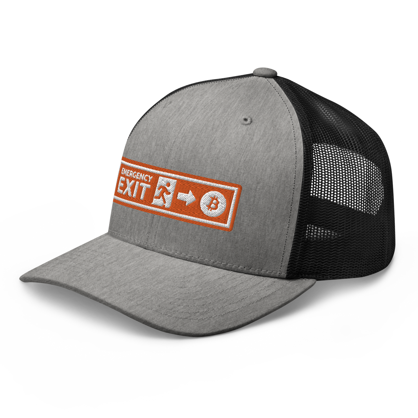 Side view of a heather grey and black bitcoin trucker cap.