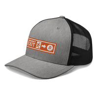 Side view of a heather grey and black bitcoin trucker cap.