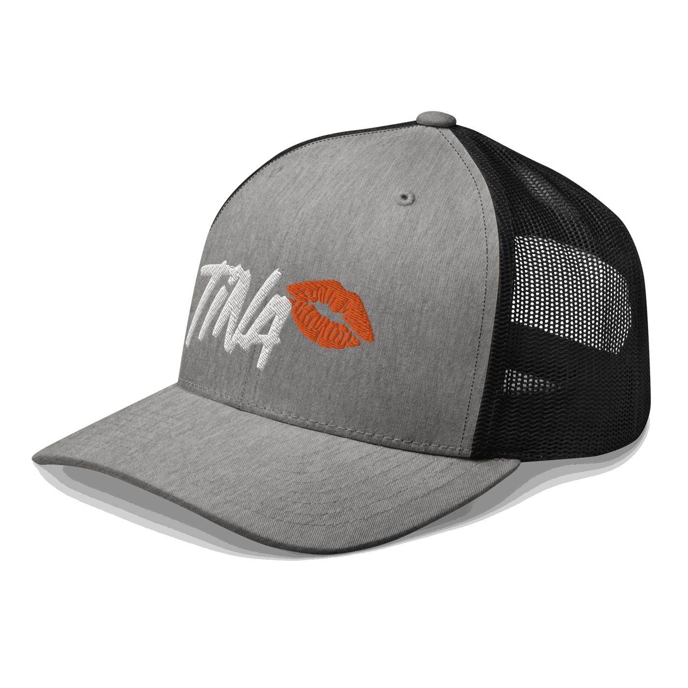 Side view of a heather grey and black bitcoin trucker cap.