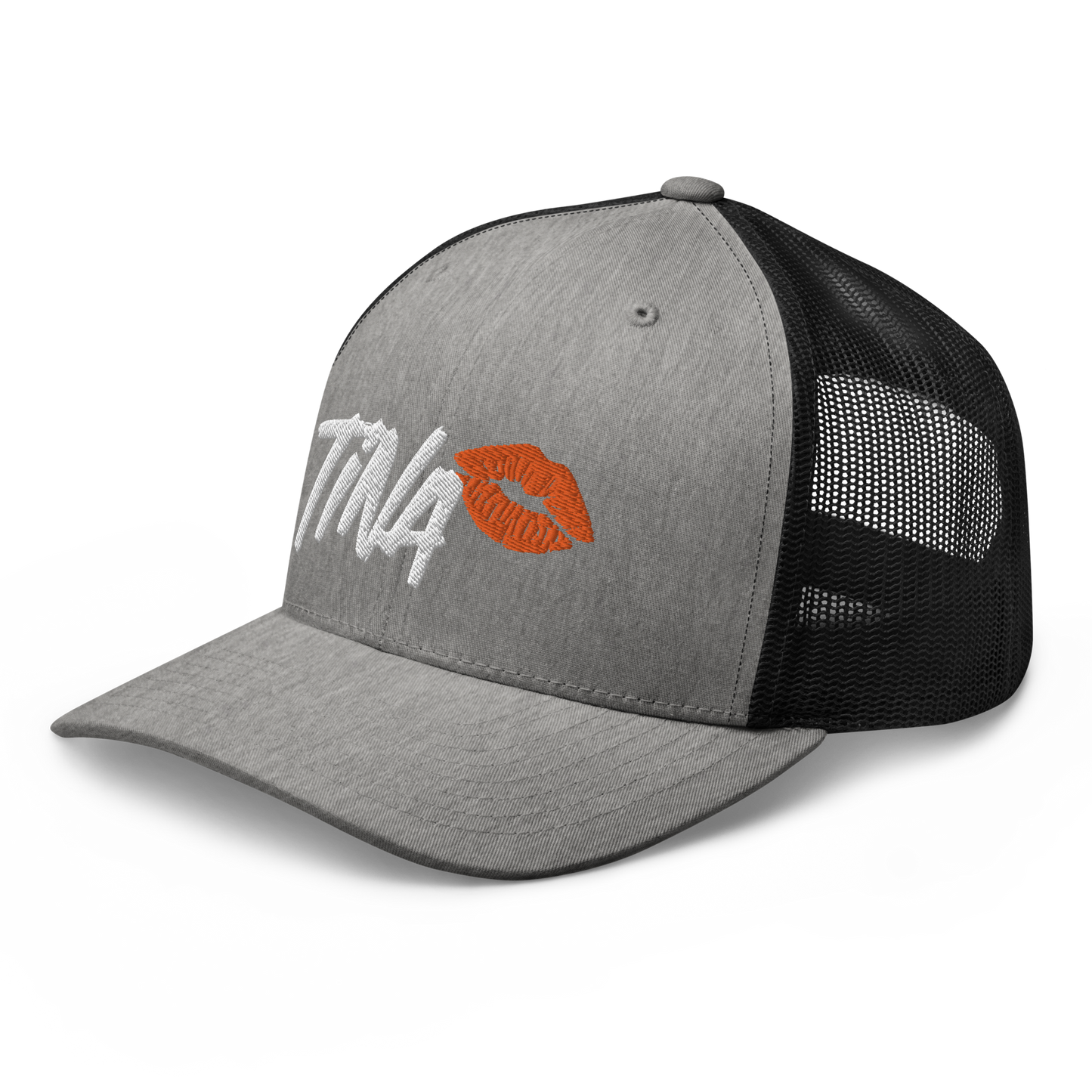 Side view of a heather grey and black bitcoin trucker cap.