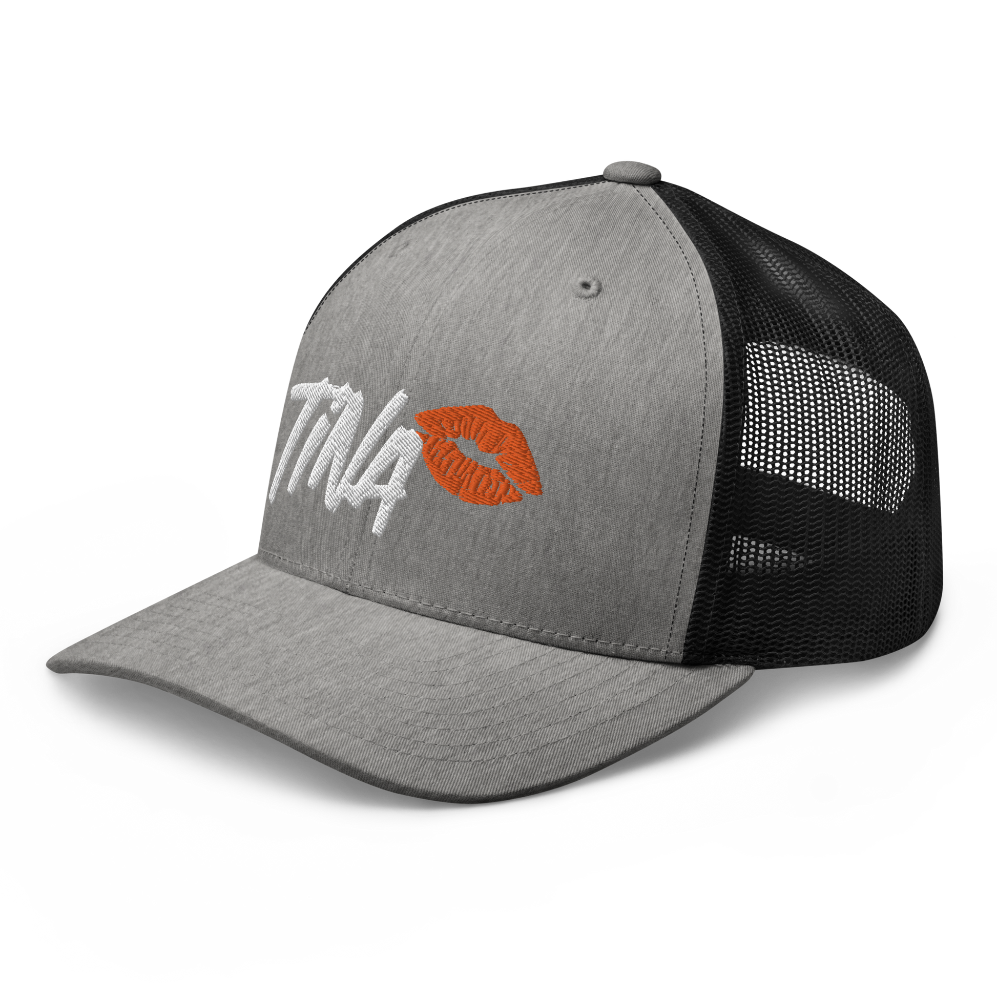 Side view of a heather grey and black bitcoin trucker cap.