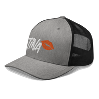 Side view of a heather grey and black bitcoin trucker cap.
