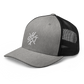 Side view of a heather grey and black bitcoin trucker cap.