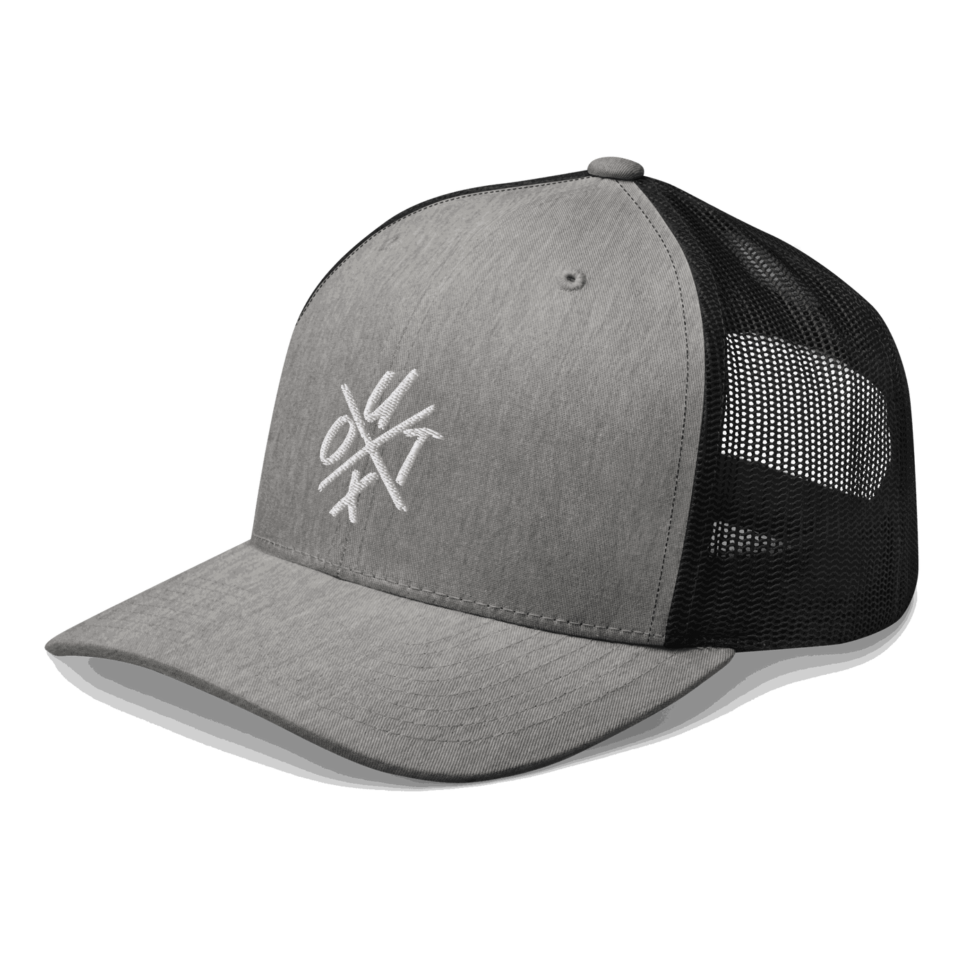 Side view of a heather grey and black bitcoin trucker cap.