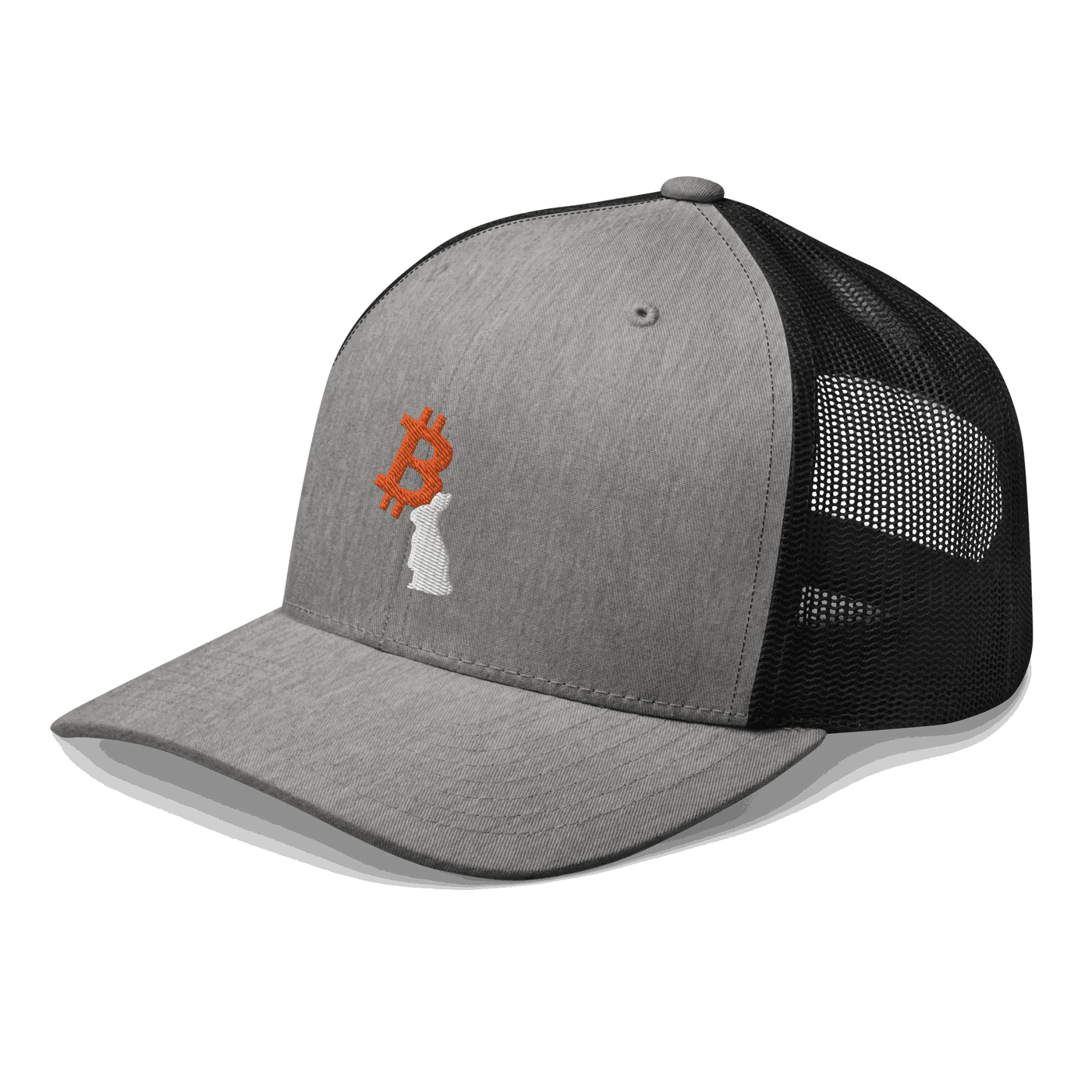 Side view of a heather grey and black bitcoin trucker cap.
