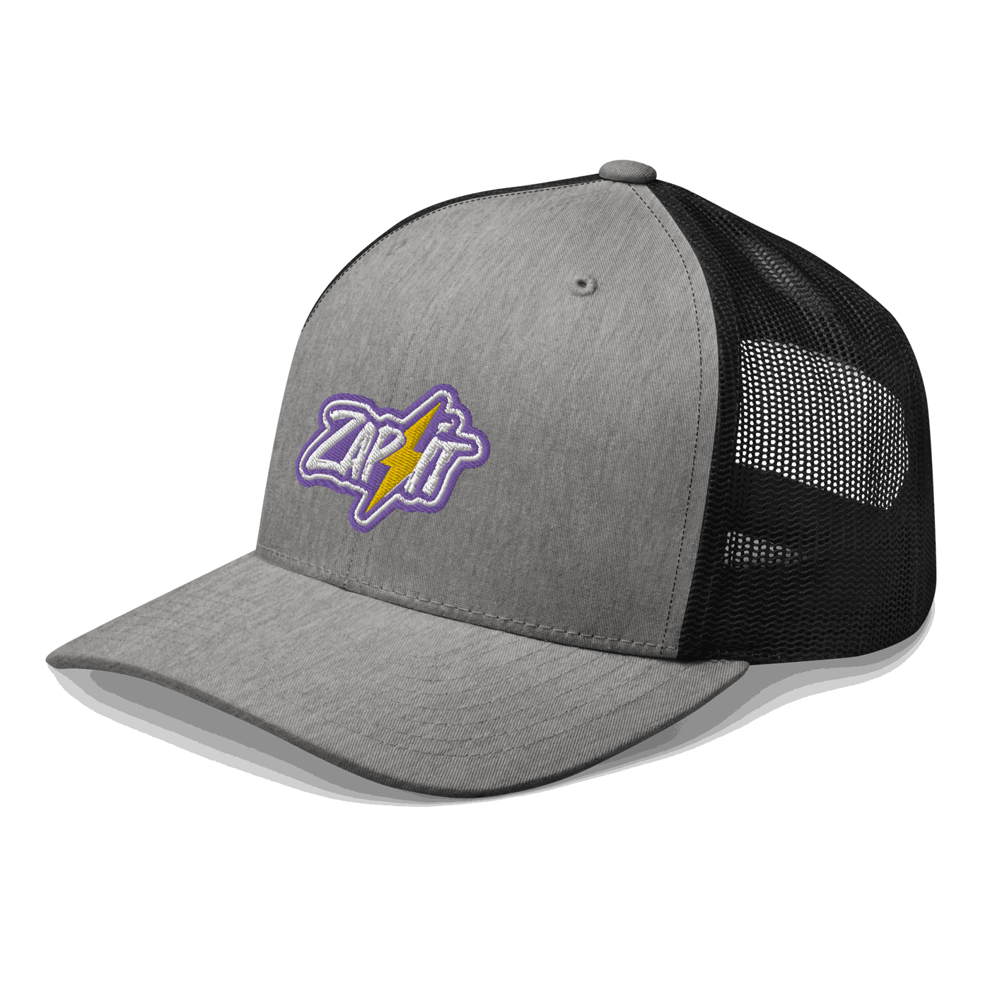 Black Nostr trucker cap with mesh back and embroidered Zap It logo
