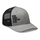 Side view of a heather grey and black bitcoin trucker cap.